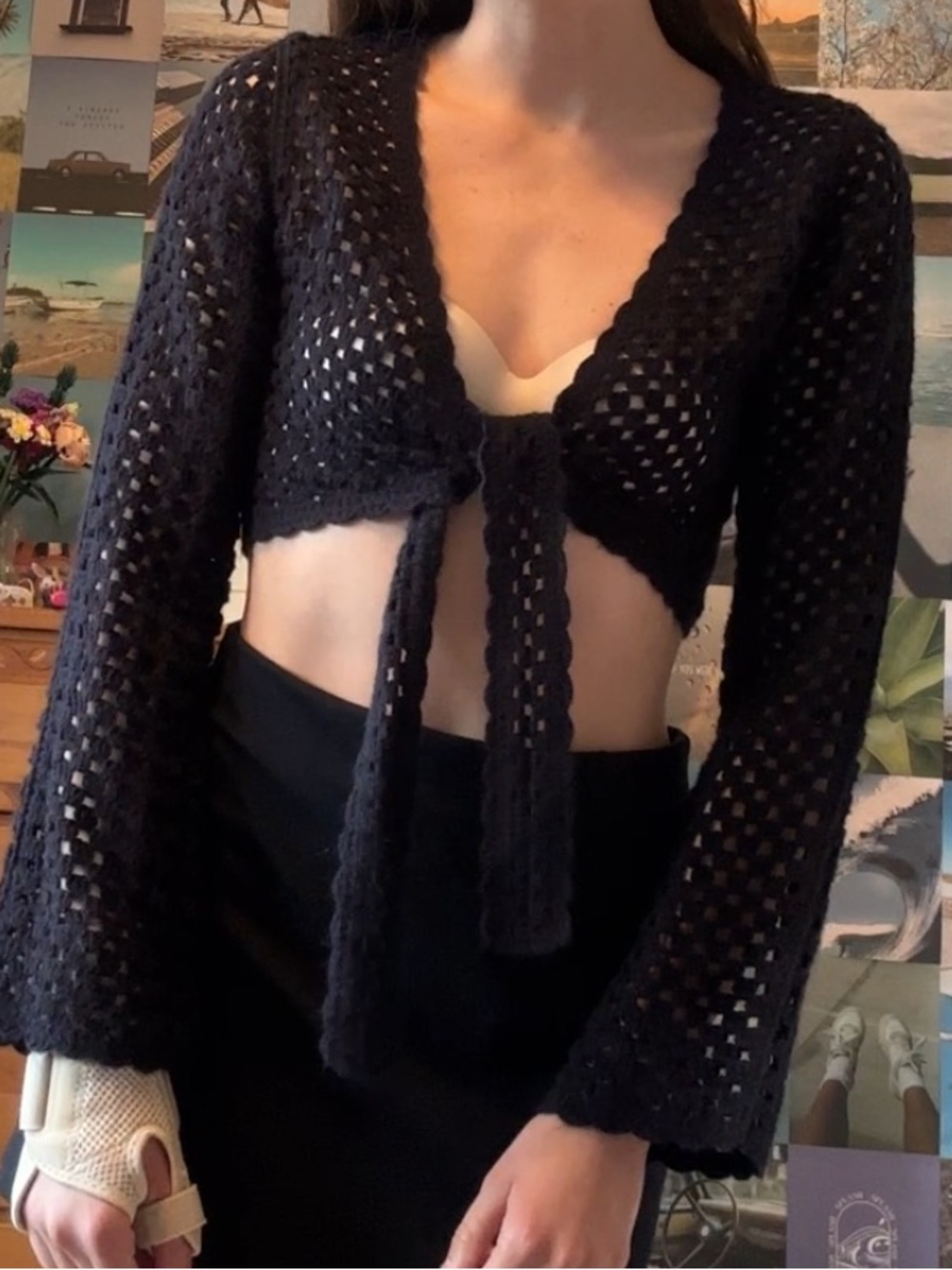 Black Crochet Tie-Front Cropped Cardigan